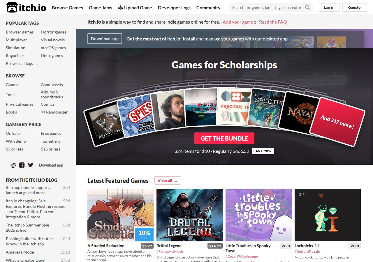 itch.io 平台界面预览 - 首页界面示意
